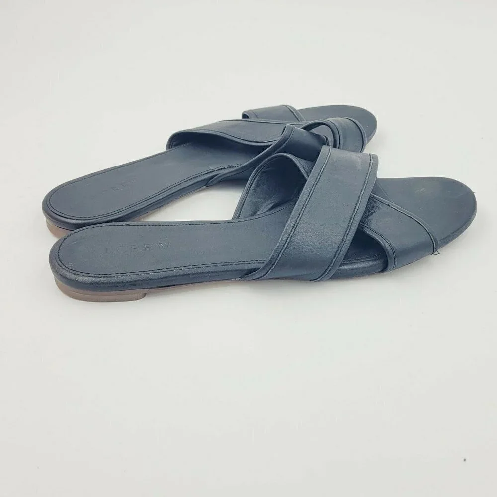 J. Crew Cora Black Leather Two Strap Slide Sandals Size 9